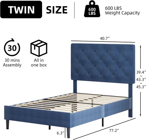 Miniatura 2 de BarnFurin Marcos de cama individual con cabecera capitoné con botones, cama de plataforma tapizada de lino con soporte de listones de madera, fácil