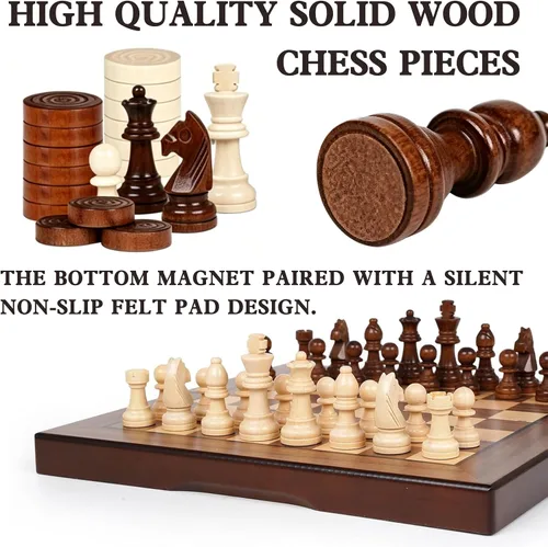 Miniatura 6 de Rinten Juego de ajedrez magnético de madera de 12 a 7 pulgadas, juego de tablero de ajedrez plegable portátil de viaje, juego de estrategia