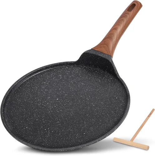 ESLITE LIFE Sartén para crepas de 9.5 pulgadas con esparcidor, sartén Dosa con revestimiento de granito antiadherente, sartén Roti Tawa Comal para