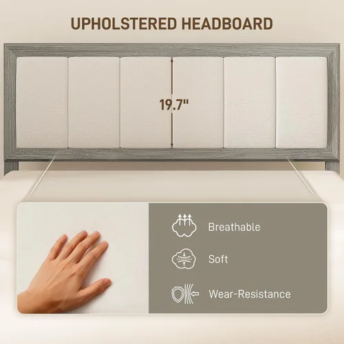 Miniatura 4 de HOMCOM Base de cama de tamaño matrimonial con cabecera tapizada, marco de cama de plataforma con listones de madera, no necesita somier, fácil