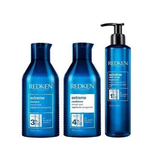 Redken Juego de champú, acondicionador y tratamiento sin enjuague extremo para cabello dañado, repara y reduce la rotura, impregnado con proteínas