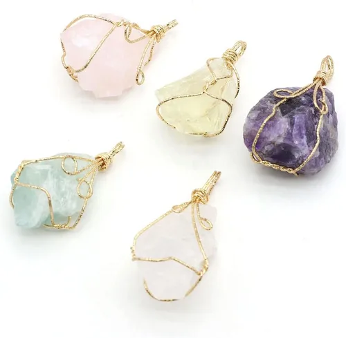 LHJ 6 colgantes de cristal natural crudo irregular, piedra de energía curativa de Reiki, envueltos en cobre para hacer joyas, collares, meditación,