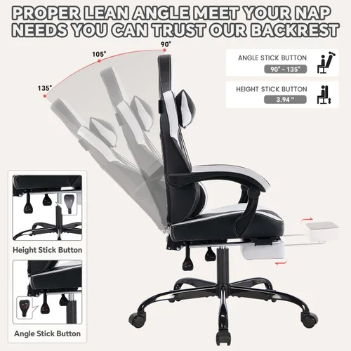 Miniatura 4 de Silla de escritorio para juegos para adultos, silla ergonómica para juegos con reposapiés, reposacabezas y soporte lumbar, material de cuero, altura