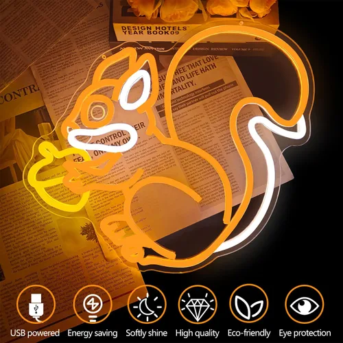 Miniatura 4 de Letrero de neón de ardilla para decoración de pared, ardilla sosteniendo un cono de pino, luz de neón regulable, lámpara LED naranja
