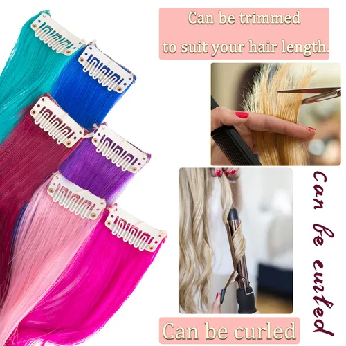 Miniatura 3 de Extensiones de cabello sintético liso de 24 pulgadas para mujeres y niñas, regalo de un solo color, clip de fiesta 12 piezas - rosa claro