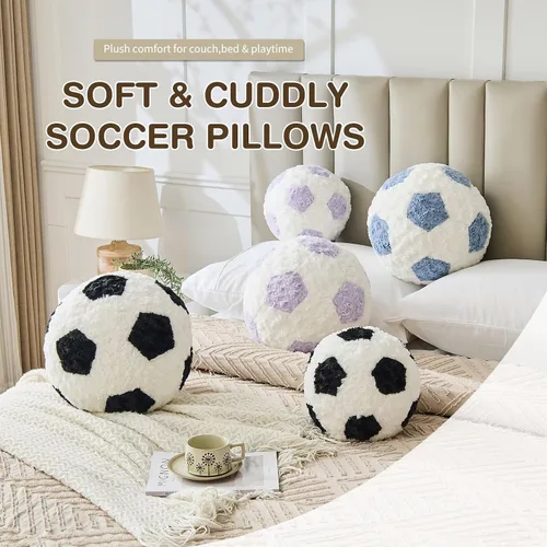 Miniatura 3 de Almohada de fútbol redonda negra para pelota de fútbol, almohadas de felpa estéticas para decoración del hogar, pelota de fútbol, almohada
