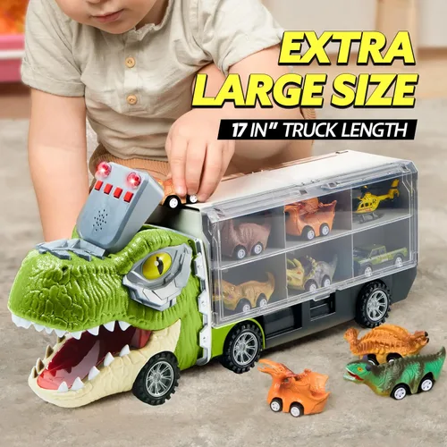 Miniatura 6 de JOYIN Juguetes de dinosaurio 13 en 1 para niños de 3 a 5 años, camión de dinosaurio con 12 autos de tracción, juguetes de regalo de cumpleaños
