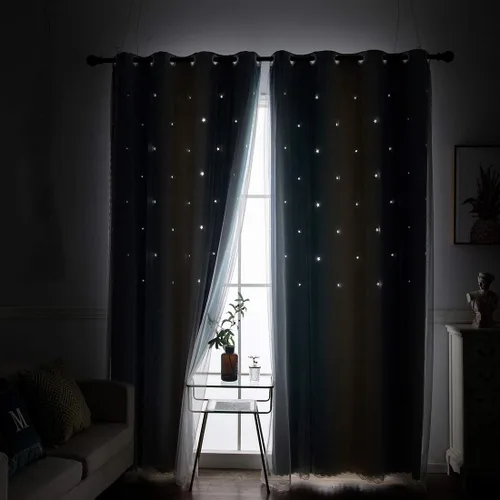 Miniatura 6 de vctops Cortinas opacas con diseño de rayas degradadas para ventana, de doble capa, de tul, cortinas recortadas con estrellas para dormitorio de Azul