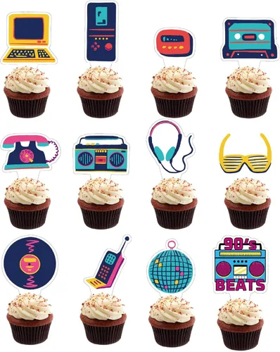 Decoración para cupcakes, 24 piezas de decoración retro para tartas con temática vintage de los años 90, suministros de decoración de pasteles,