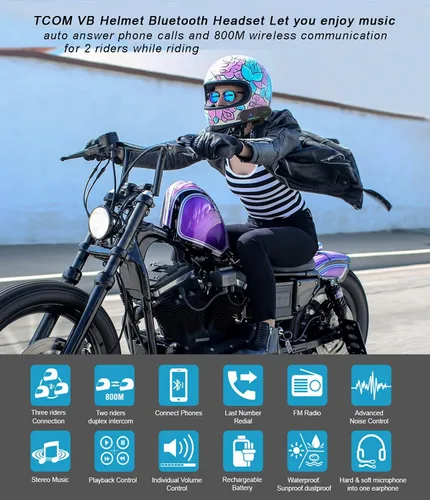 Miniatura 2 de FreedConn TCOM VB - Auriculares Bluetooth para motocicleta, sistemas de comunicación de casco de 2 vías 800M, casco intercomunicador Bluetooth