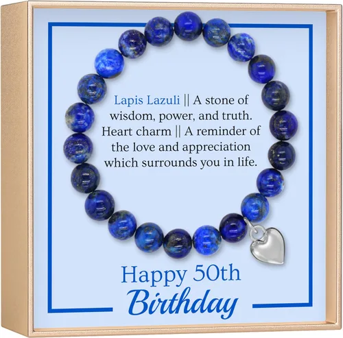 OLGAS GEMS Regalos geniales para mujer de 50 años Pulsera de hitos de cumpleaños 50 y tarjeta de mensaje significativa, regalos hermosos y
