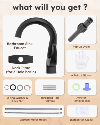 Miniatura 8 de WOWOW Grifo de Baño de un Solo Mango, Negro Mate, 1 Agujero, Arco Alto, Drenaje Emergente, Latón Macizo, Fácil Instalación, Garantía de 5 Años