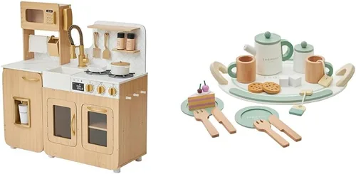 Teamson Kids Little Chef - Juego de cocina de madera con máquina de hielo y 20 piezas de accesorios de fiesta de té, cocina de juego para niños