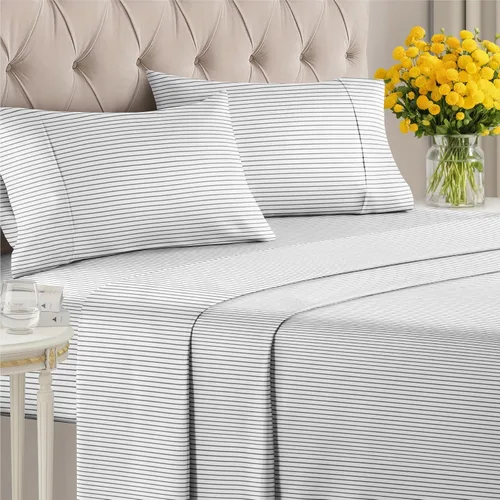 Miniatura 2 de Sábanas a Rayas - Sábanas a Rayas Negras y Blancas - 1 Sábana Encimera y 1 Ajustable y 2 Fundas de Almohada con Bolsillos Profundos - Sin Arrugas