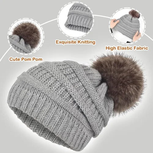 Miniatura 2 de Conjunto de guantes de gorro holgado para mujer, tejido de invierno, cálido, forro polar con bonito pompón