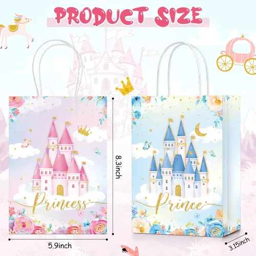 Miniatura 2 de 24 piezas de bolsas de fiesta de castillo de princesa y príncipe con asas, bolsas de dulces y golosinas para revelación de género, baby shower y boda