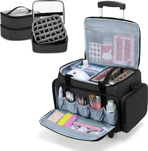 LUXJA Organizador de esmalte de uñas rodante con capacidad para 90 botellas y una lámpara de uñas, estuche de esmalte de uñas rodante con una