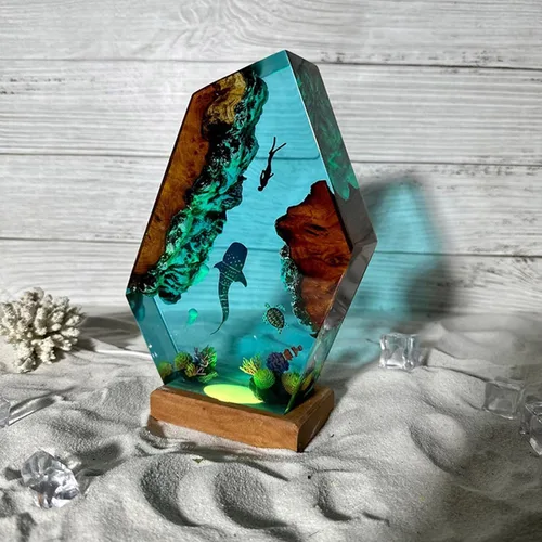 Miniatura 3 de Lámpara de Luz de Madera con Resina Epoxi Creativa del Océano, Lámpara de Océano Acuático Multicolor Hecha a Mano para Entusiastas del Buceo