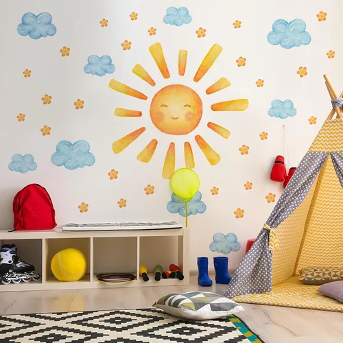 Miniatura 4 de 35.4 × 11.8 pulgadas, diseño de nubes de sol, mural de acuarela, vinilo moderno, extraíble, adhesivo para guardería, sala de juegos, sala de estar