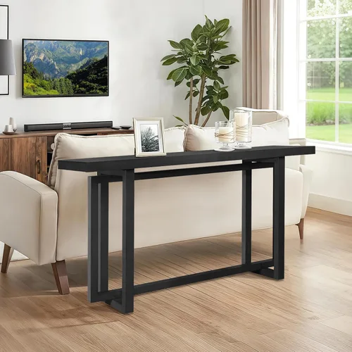 Miniatura 6 de Mesa de sofá de 59.05 pulgadas para sala de estar, mesa consola Morden, mesa rectangular estrecha de madera maciza con patas de madera de goma