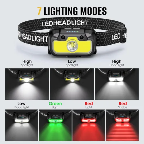 Miniatura 5 de HOKOILN Linterna frontal LED recargable con luz verde y roja, 1300 lúmenes, linterna ultra brillante para camping, correr, senderismo, pesca