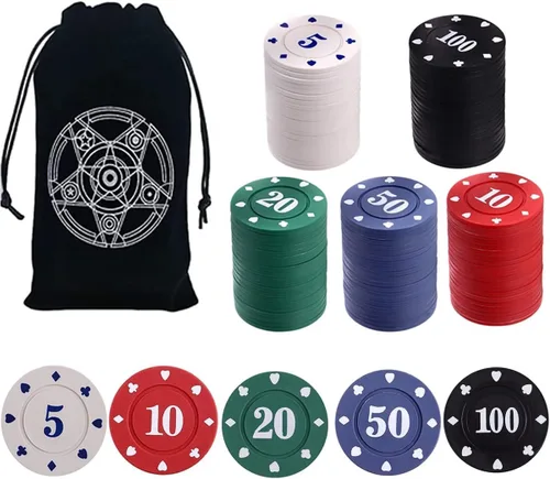 IXIGER Fichas de póquer, juego de fichas de póquer de denominación con bolsa de terciopelo negro, fichas de juego de plástico, suministros de fiesta