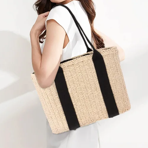 Miniatura 7 de Ynport Bolso grande de paja para mujer, asas de playa de verano, tejido a mano, bolso de hombro Hobo para viajes de compras