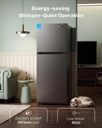 Miniatura 7 de Upstreman 10.1 Cu.Ft Refrigerator with Top Freezer, Reversible 2 Door Medium Fridge, Shelves, Drawer, Wheels, Low Noise, Temp Control, Auto Defrost