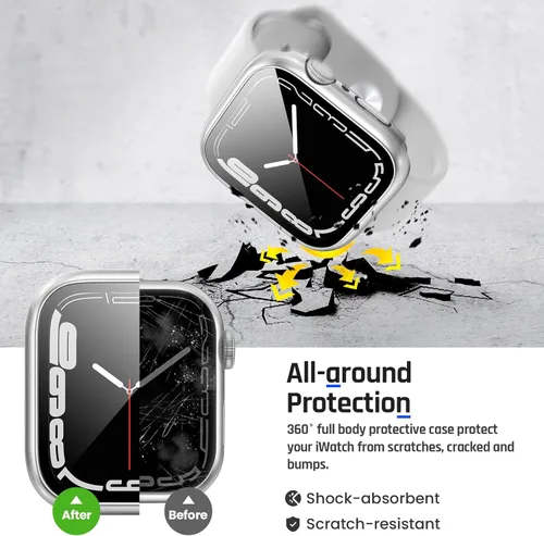 Miniatura 6 de Goton Funda impermeable 2 en 1 para Apple Watch Series 9, 8, 7, protector de pantalla de 1.772 pulgadas, cubierta protectora de vidrio 360, Plateado