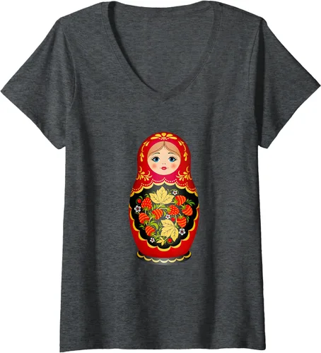 Miniatura 6 de Hermosa camiseta de Matryoshka Russian Strawberry Nesting Doll con cuello en V para mujer, Negro, S