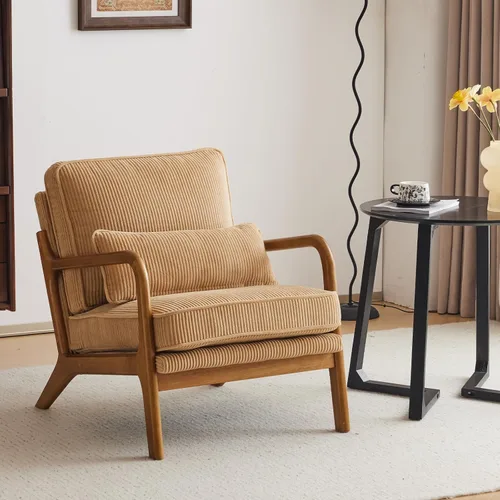 Miniatura 10 de Karl home Silla de acento moderna de mediados de siglo con cojín, tapizada en tela de lino, silla de salón con brazo, estructura sólida de madera