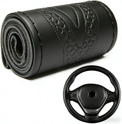 Miniatura 9 de Funda para volante de automóvil, ajuste universal, punto redondo, funda fina de piel sintética cosida en volante de automóvil de 15 pulgadas (negro)