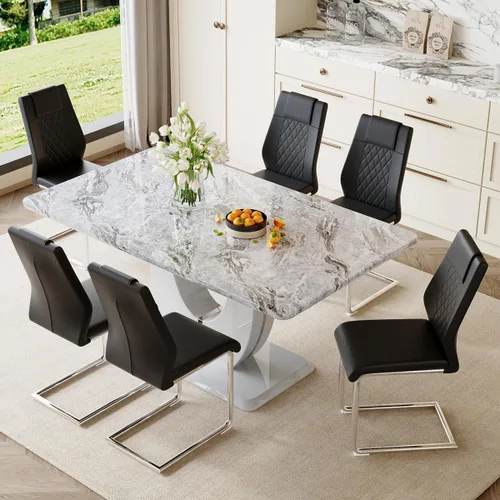 Miniatura 12 de Moderno juego de mesa de cocina y comedor, juego de 6 mesas y sillas con parte superior de mármol sintético, juego de mesa de cocina rectangular