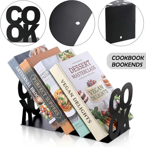 Miniatura 3 de Hotop Sujetalibros decorativos de metal para libros de cocina, soporte de metal para estanterías, soporte de estante de libros de cocina