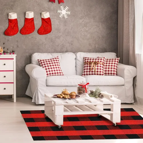 Miniatura 8 de SEEKSEE Alfombra de algodón a cuadros de 27.5 x 43 pulgadas, color negro y rojo, lavable, para interiores y exteriores, para puertas delanteras