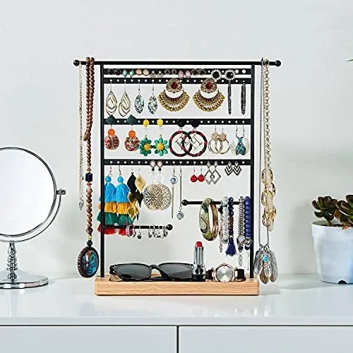 Miniatura 2 de Bielebbi Organizador de aretes, soporte para pendientes y soporte para joyas con soporte para collar de 4 niveles, bandeja de madera adecuada