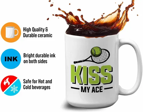 Miniatura 4 de Taza de café de tenis de 15 onzas, color blanco, Kiss My Ace, jugador de tenis, atleta, afición, divertido juego de palabras, sarcasmo, broma