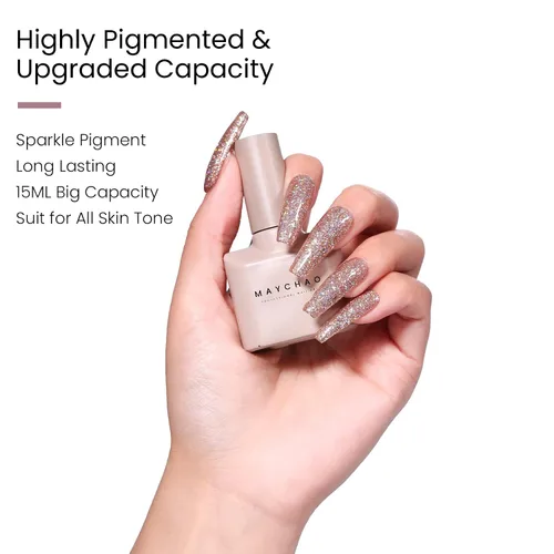 Miniatura 6 de MAYCHAO Esmalte de uñas de gel con purpurina de oro rosa de 0.5 fl oz, 1 esmalte de gel de oro rosa brillante, esmalte de uñas LED UV, arte de uñas