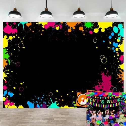 Fondos de fotografía de neón brillantes para fiestas Let's Glow Splatter Fondo fotográfico de 5 x 3 pies, luz negra, colorido, rayo láser, disco