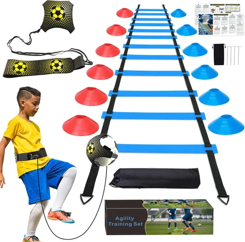 Juego de entrenamiento de velocidad y agilidad para fútbol - Escalera de agilidad de 20 pies, 12/16 conos deportivos y entrenador de patada de Azul