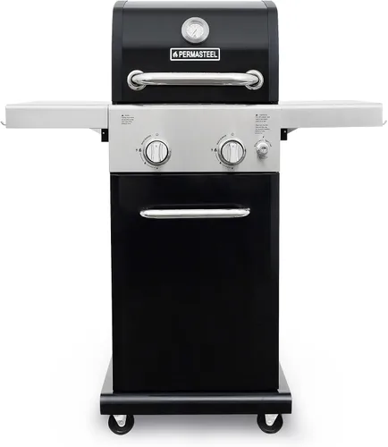 Permasteel - Parrilla de gas propano de 2 quemadores, parrilla BBQ con mesas laterales plegables y ganchos para herramientas, perfecta para cocinar