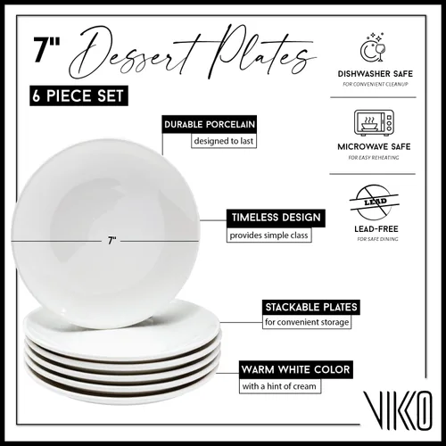 Miniatura 2 de Vikko Plato de postre, juego de 6 platos blancos, porcelana fina, platos de postre apilables de 7 pulgadas, apto para lavavajillas, plato de postre