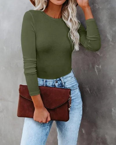Miniatura 7 de VICHYIE Ropa de otoño para mujer, cuello redondo, acanalada, manga larga, ajustada, camiseta básica casual