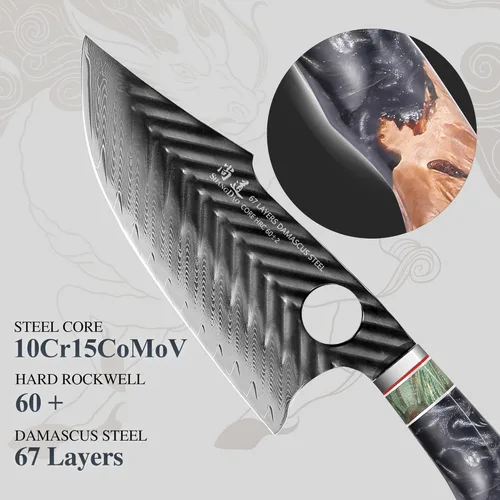Miniatura 3 de SHANGDAO cuchillo de carnicero de Damasco de 7 pulgadas, cuchillos de cocina tipo clavícula vikinga con funda de cuero - Serie QILIN de 67 capas