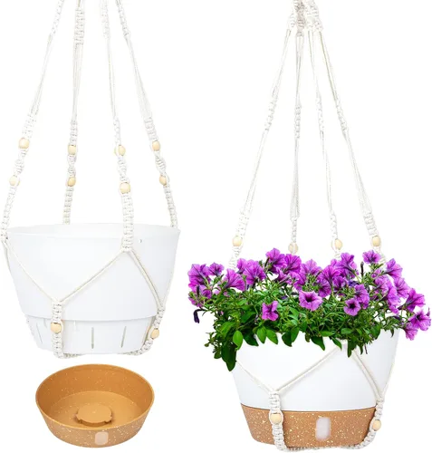 Miniatura 18 de QCQHDU Paquete de 2 macetas colgantes de 10 pulgadas para plantas de interior y exterior, cestas colgantes macetas de flores con bandeja de depósito