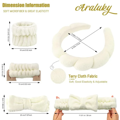 Miniatura 2 de 6 Piezas Diademas Esponjosas para Spa y Muñequeras, Beige, Diadema para Lavar la Cara y Cuidado de la Piel, Diadema Absorbente para Ducha, Yoga