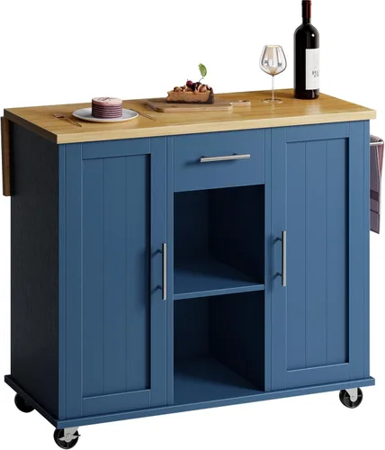 Miniatura 6 de SUNLEI Carrito de isla de cocina rodante con ruedas, mesa de isla para cocina, carrito de cocina de granja con hojas colgantes y toallero y cajón