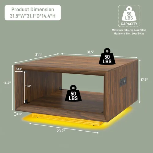 Miniatura 2 de Mesa de centro moderna de mediados de siglo de 32 pulgadas para sala de estar, mesa central cuadrada con luz LED y toma de corriente, mesa de cóctel