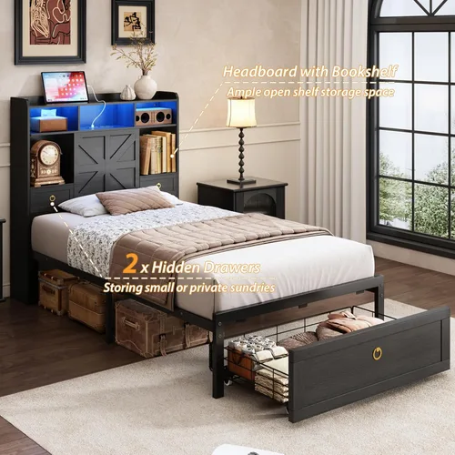 Miniatura 7 de TIGUBFRE Base de cama individual con cabecera de almacenamiento, marco de cama de madera de granja tamaño individual con 3 cajones, luz LED
