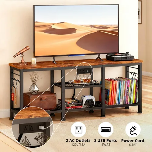 Miniatura 4 de LUCKLIFE Soporte de TV con estación de carga para televisores de hasta 55 pulgadas, centro de entretenimiento de madera rústica con estantes